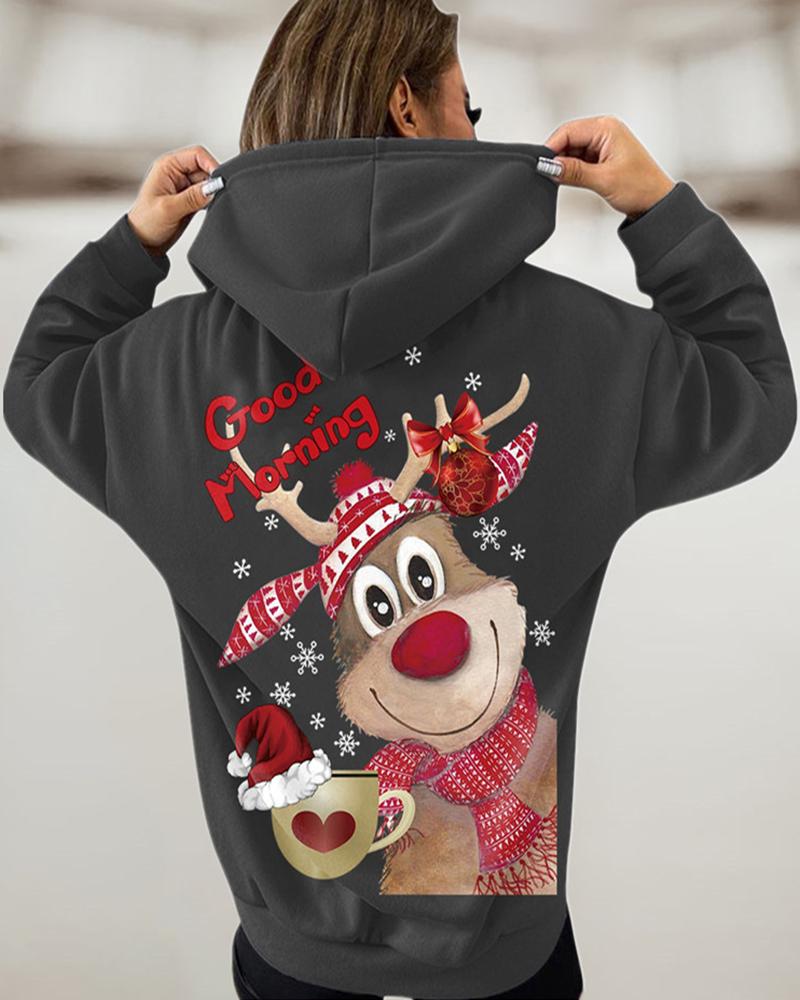 

Christmas Elk Letter Graphic Print Hooded Sweatshirt, Gray