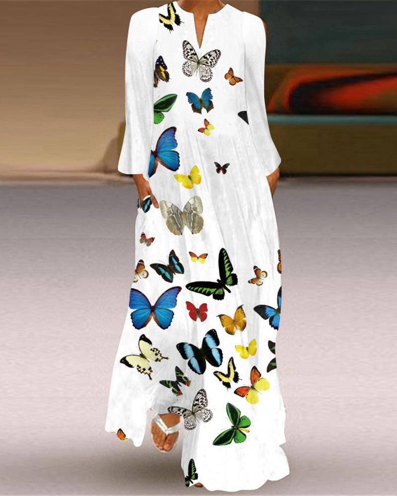 

Butterfly Print Long Sleeve Maxi Dress, White