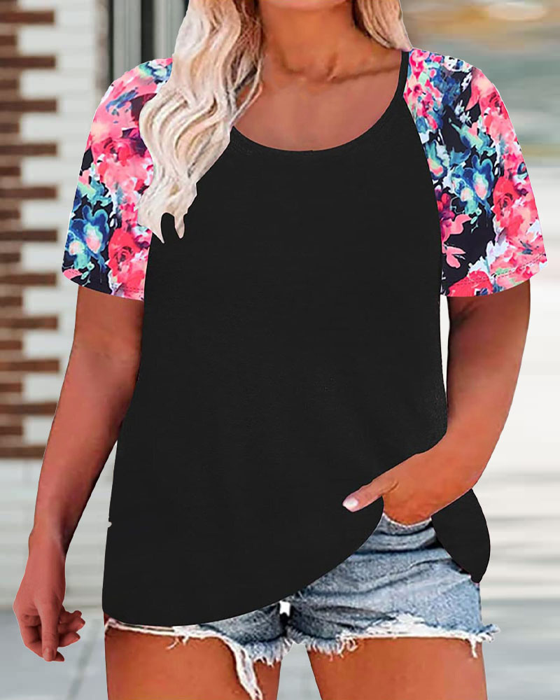 

Plus Size Floral Print Short Sleeve Casual T-shirt, Black