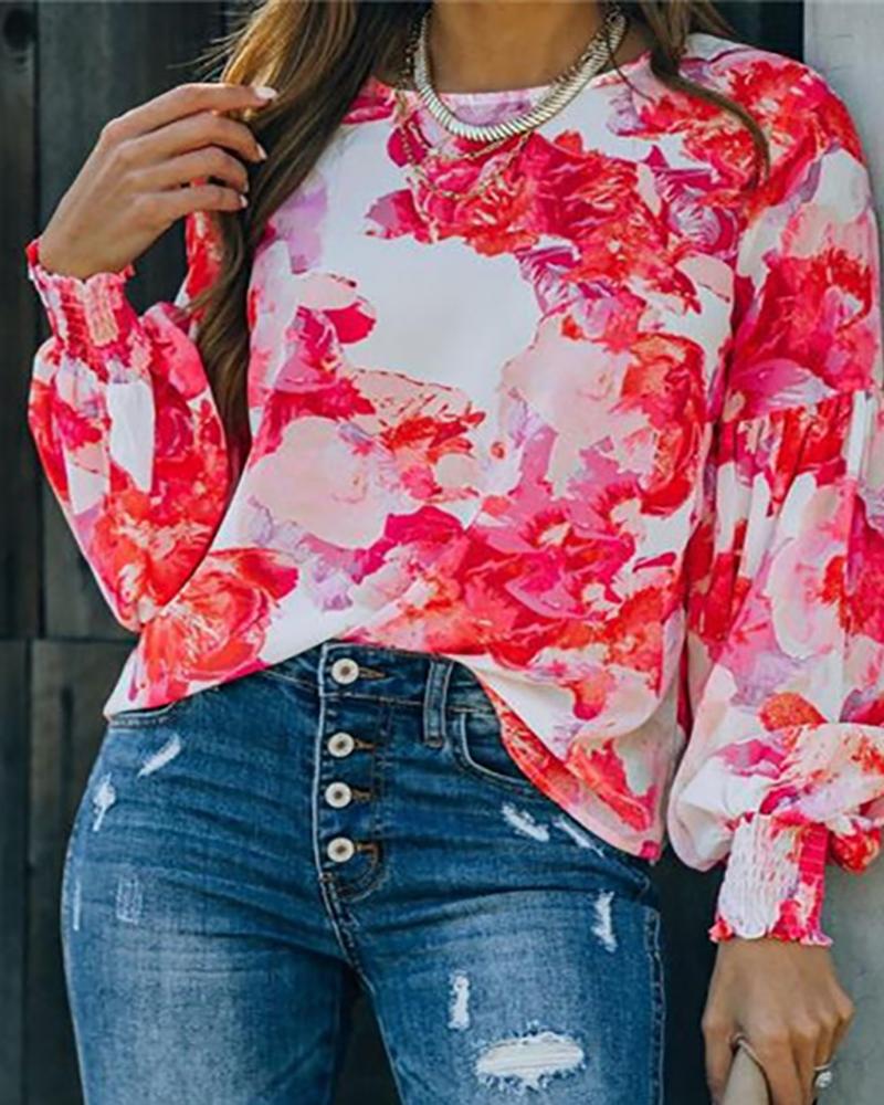 

Shirring Detail Lantern Sleeve Floral Print Top, Red