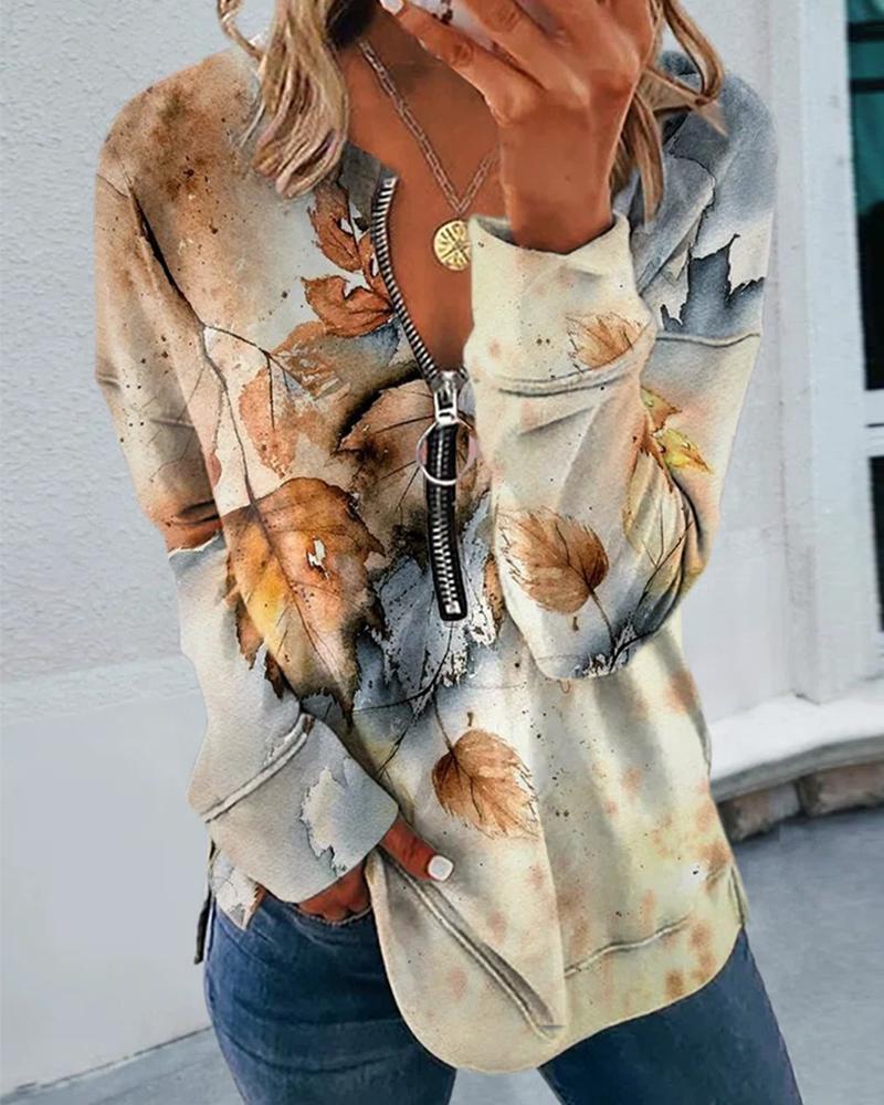 

Leaf Print Zip Front Long Sleeve Top, Apricot