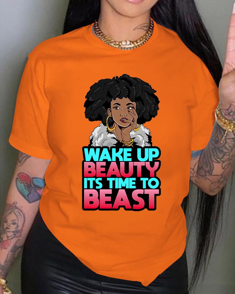 

Figure Letter Print Short Sleeve T-shirt, Orange