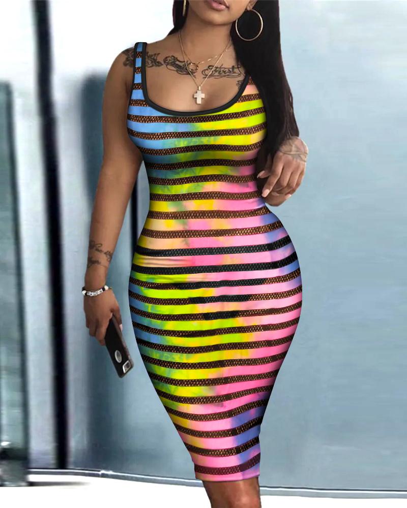 

Tie Dye Print Contrast Mesh U-Neck Bodycon Dress, Multicolor