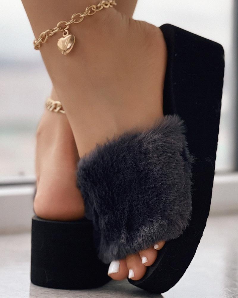 

One Strap Platform Fuzzy Slippers, Gray