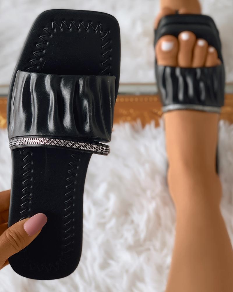 

Ruched Square Toe Rhinestone Decor Slippers, Black