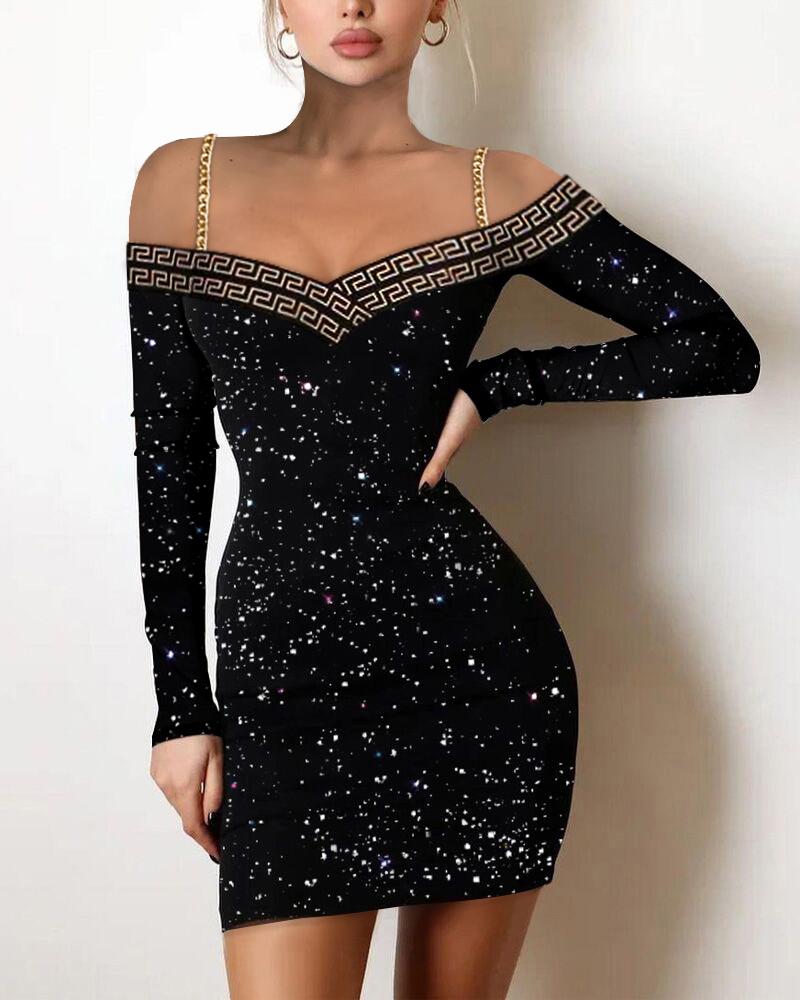 

Geo Trim Cold Shoulder Glitter Bodycon Dress, Black