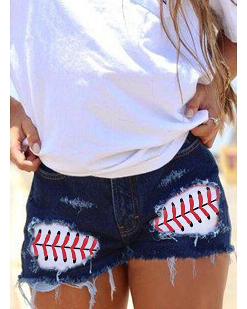 

Baseball Print Patchwork Raw Hem Ripped Denim Shorts, Blue