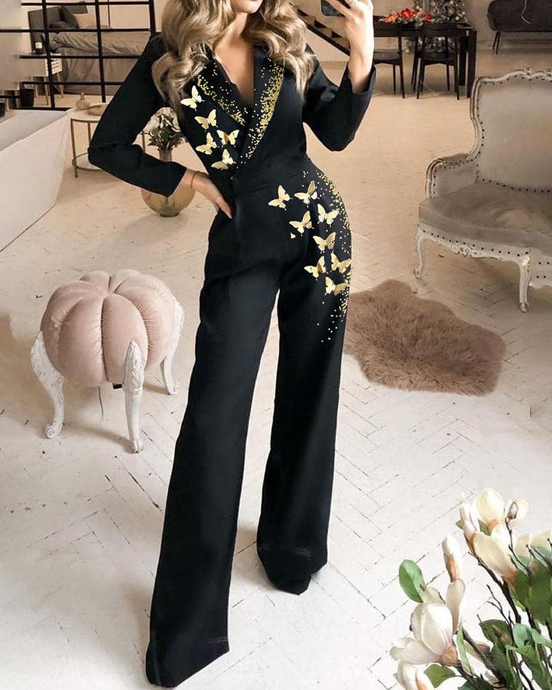 

Butterfly Print Wide Leg Work Jumpsuit, Black