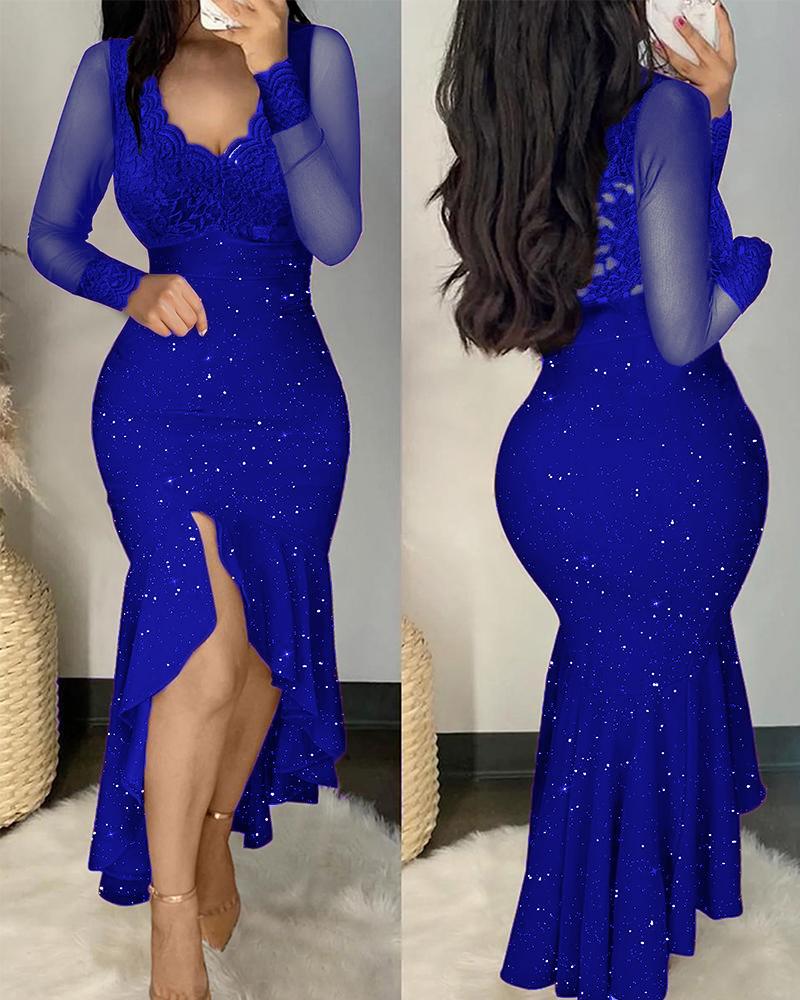 

Glitter Contrast Lace Long Sleeve Mermaid Dress, Blue