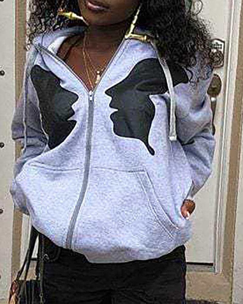 

Graphic Print Zipper Pocket Design Hooded Coat, Gray