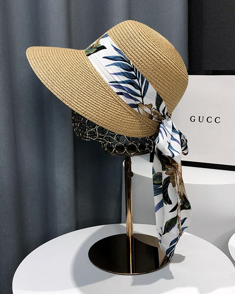 

Tropical Print Scarf Decor Straw Hat, Khaki
