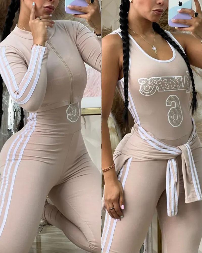 

Letter Print Side Striped Rhinestone Top & Jumpsuit Set, Apricot