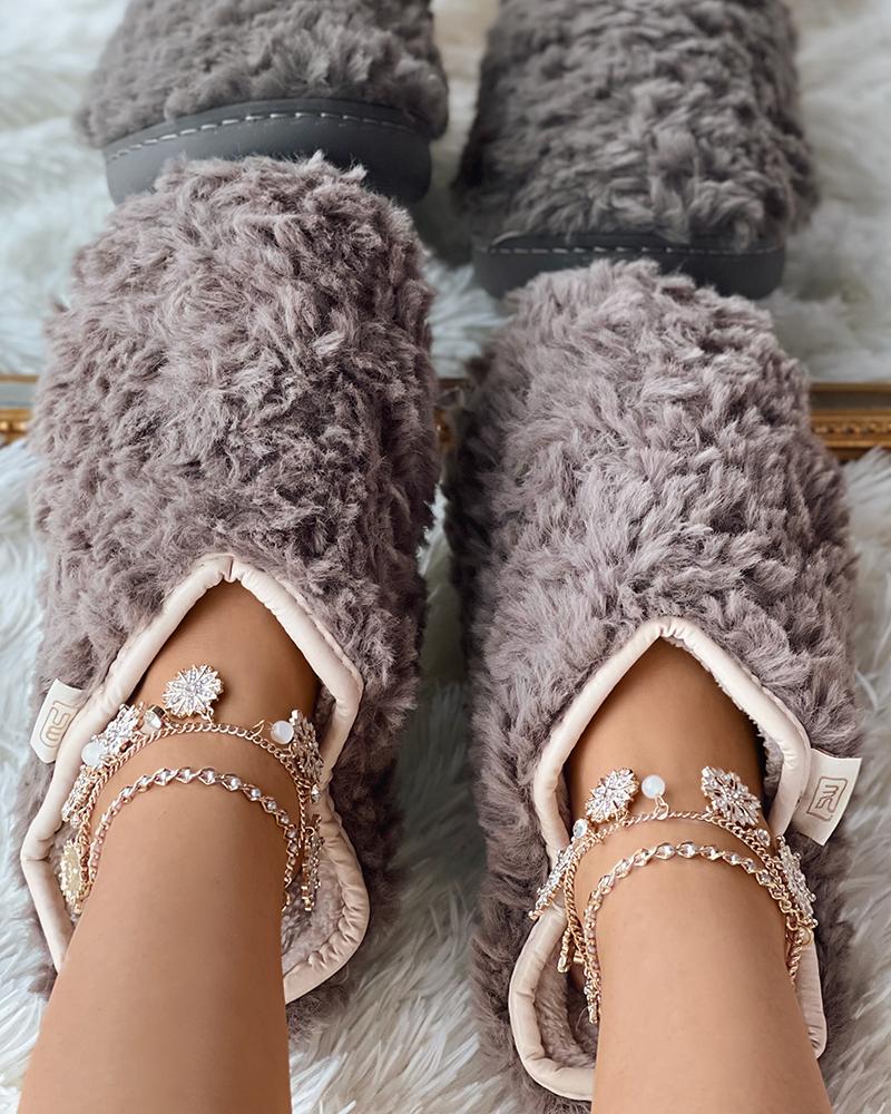 

Round Toe Fluffy Slippers, Khaki