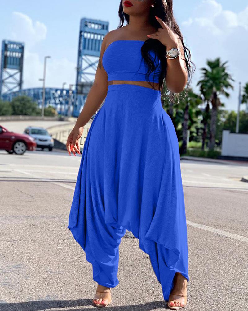 

Bandeau Crop Top & Harem Pants Sets, Blue