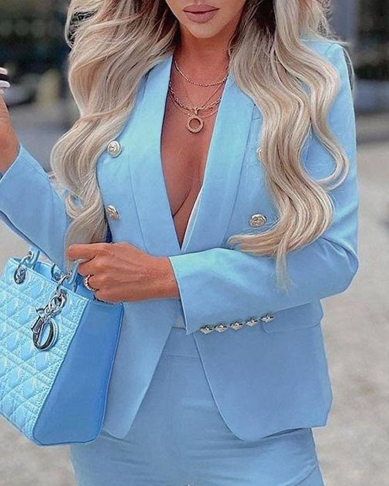 

Long Sleeve Double Breasted Shawl Collar Blazer, Blue