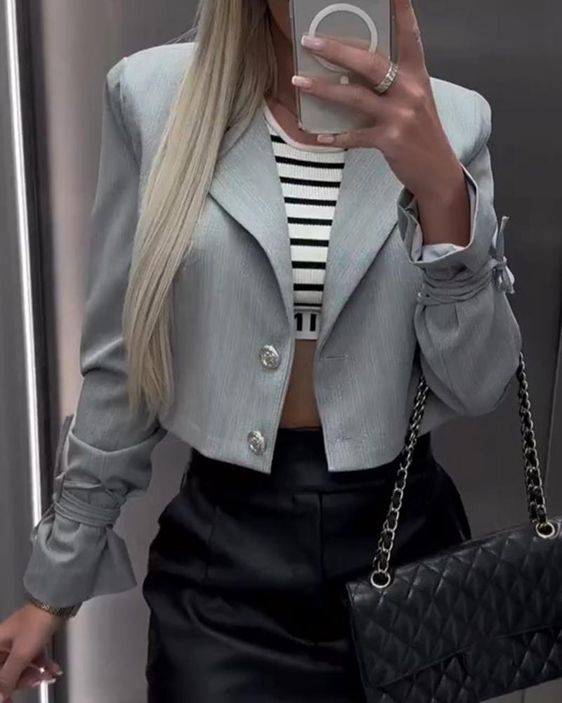 

Buttoned Notched Collar Crop Blazer Coat, Gray