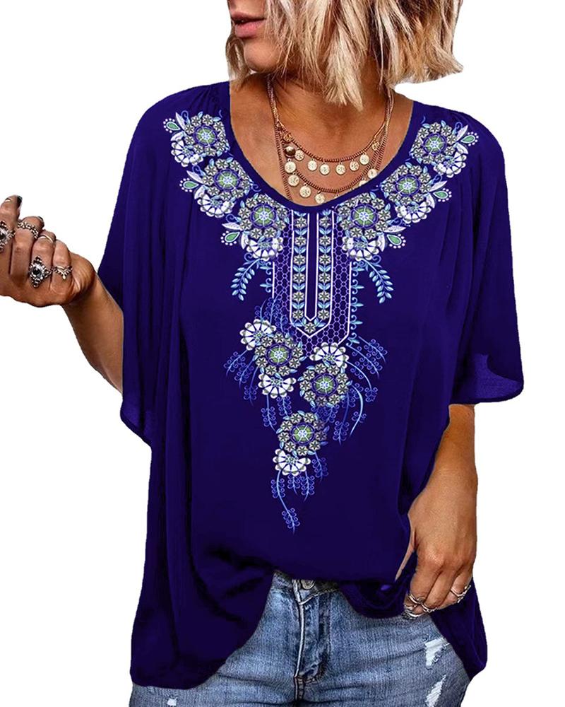 

Floral Pattern Half Sleeve V-Neck T-shirt, Dark blue