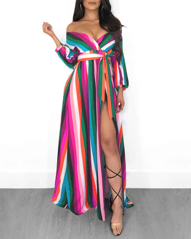 

Striped Colorblock Cutout Back High Slit Maxi Dress, Pink