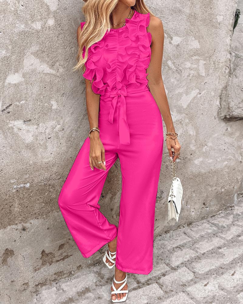 

Frill Hem Tied Detail Round Neck Jumpsuit, Hot pink