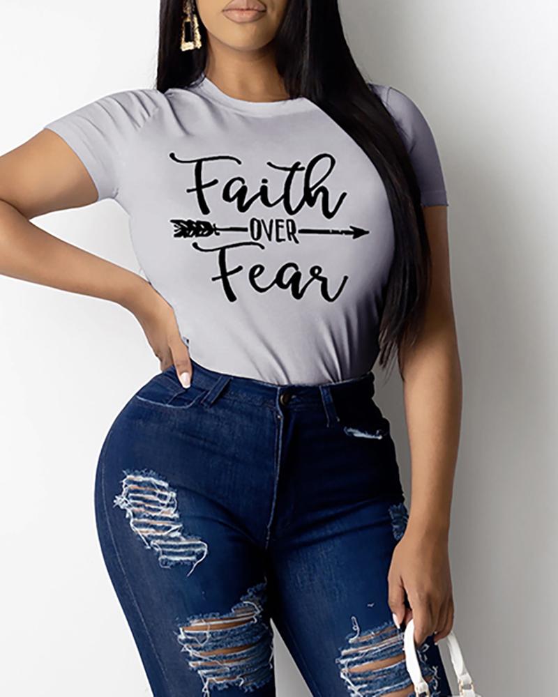 

Letter Print Short Sleeve Casual T-shirt, Gray