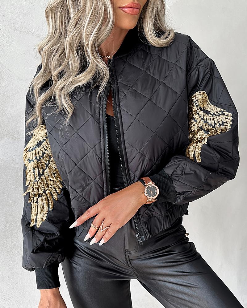 

Contrast Sequin Angel Wings Pattern Quilted Puffer Jacket, Gold