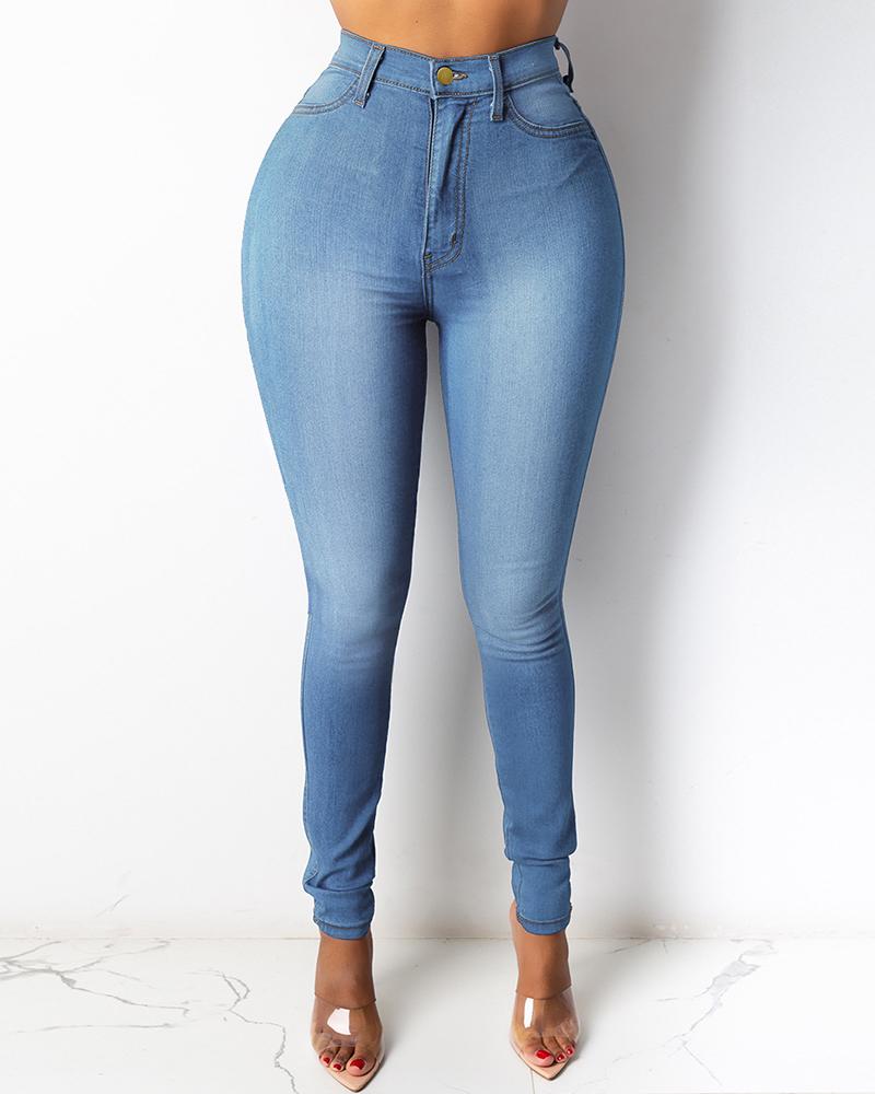 

High Waist Button Pocket Decor Pencil Jeans, Blue