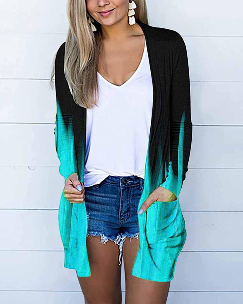 

Ombre Colorblock Pocket Detail Open Front Cardigan, Green