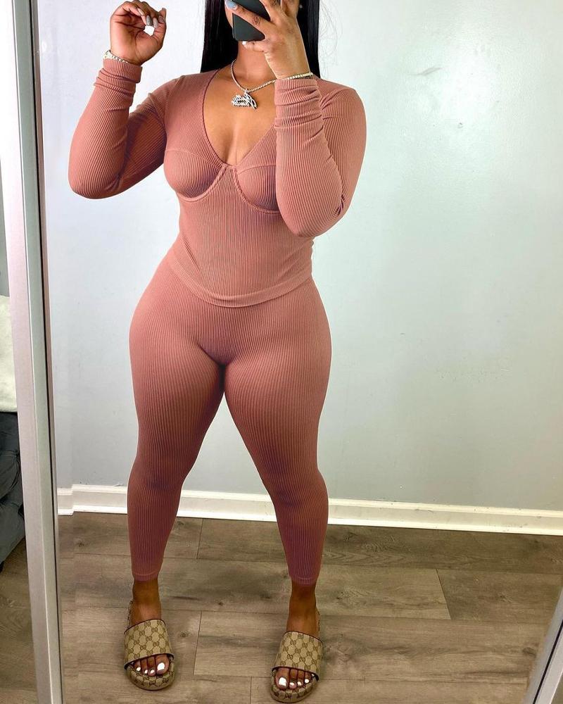 

Long Sleeve Top & High Waist Pants Set, Coffee
