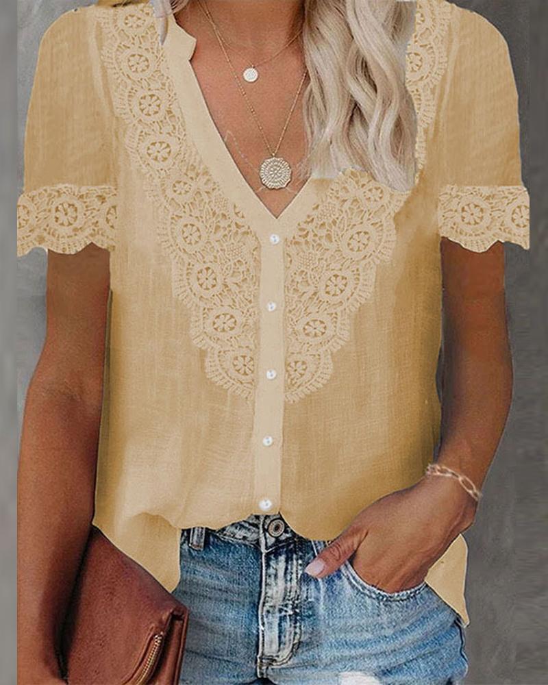 

Contrast Lace Short Sleeve Button Front Shirt, Khaki