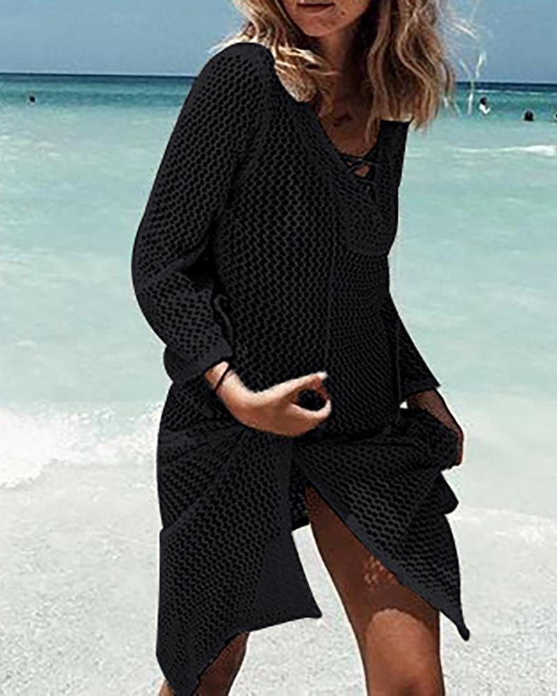 

Crochet Lace Hollow Out Bikini Cover Up Dress, Black