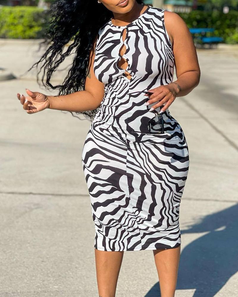 

Zebra Stripe Print Hollow Out Work Dress, Black&white