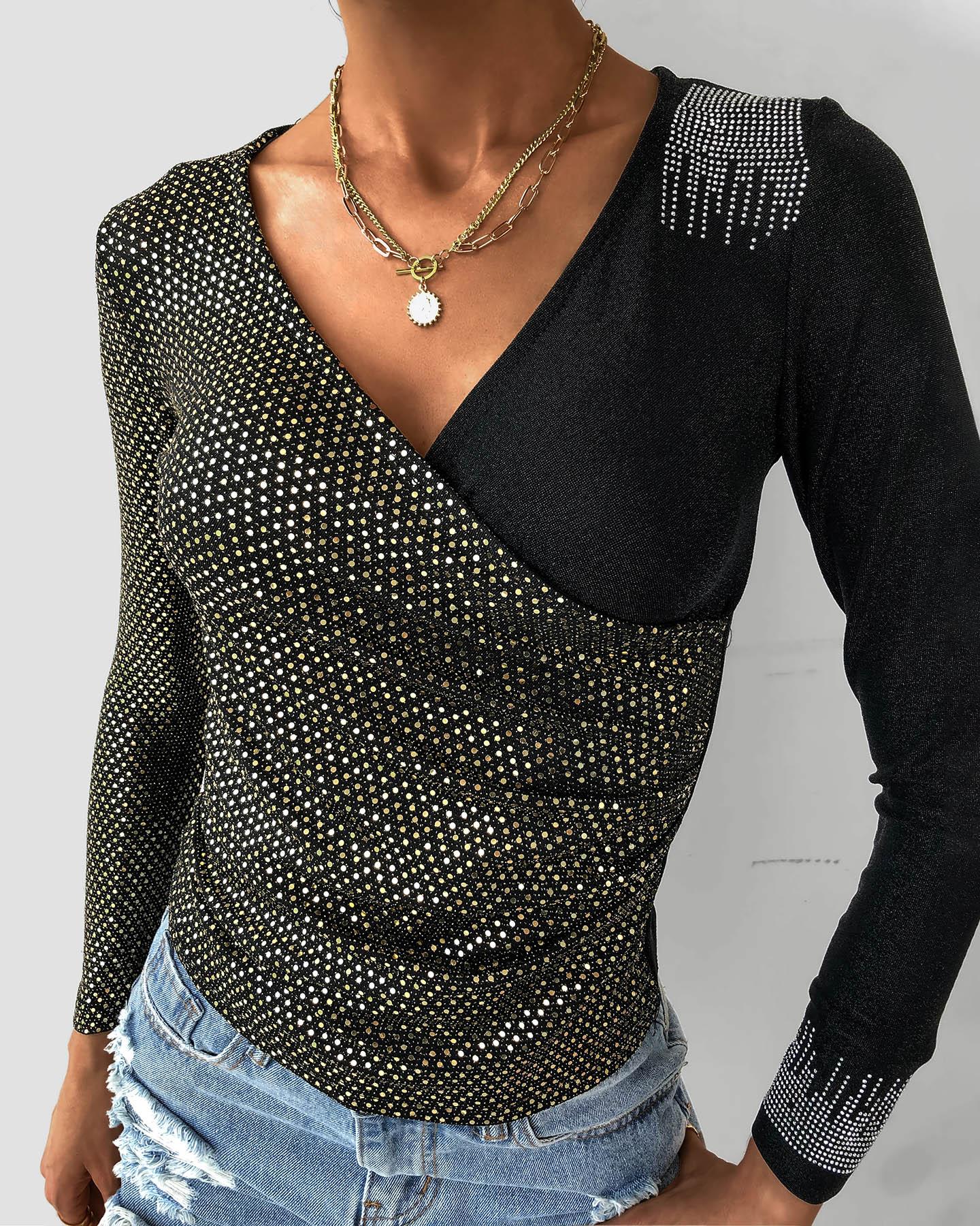 

Studded Long Sleeve Surplice Top, Gold
