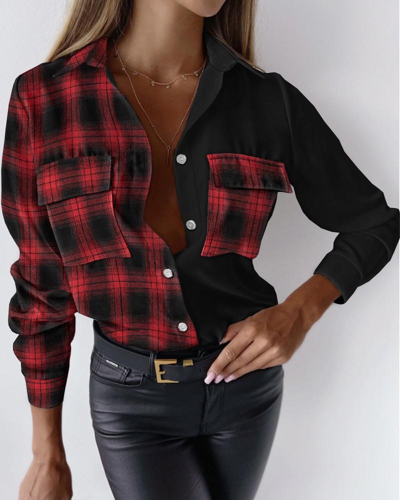 

Plaid Print Colorblock Pocket Design Shirt, Red