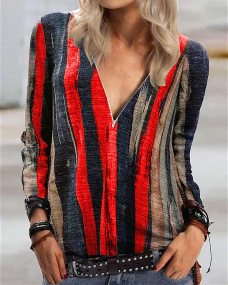 

Striped Colorblock Long Sleeve Zipper Design Top, Red