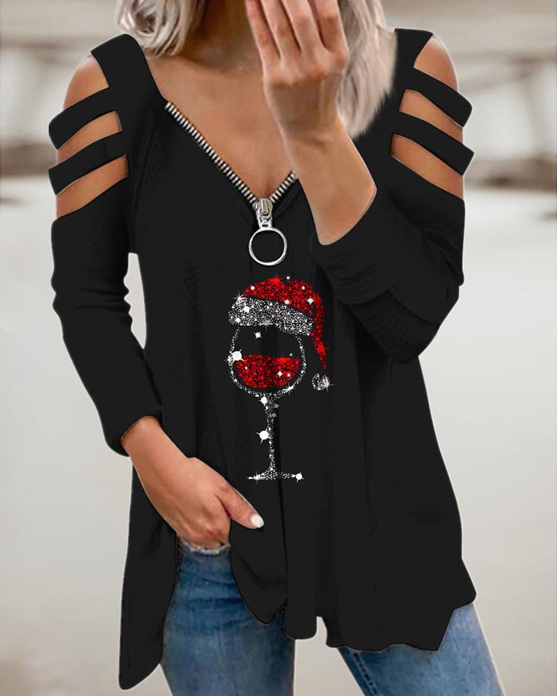 

Christmas Wine Glass Print Cutout Zipper Design Top, Black