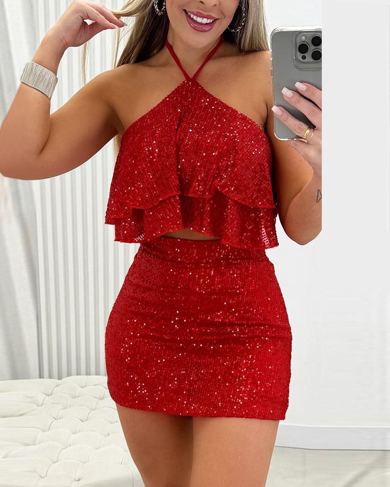 

Halter Ruffles Allover Sequin Top & Skorts Set, Red