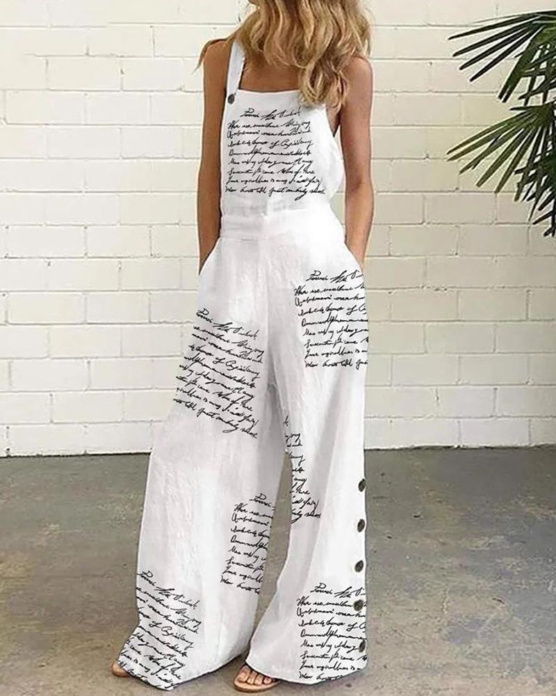 

Letter Print Pocket Decor Casual Suspender Jumpsuit, White