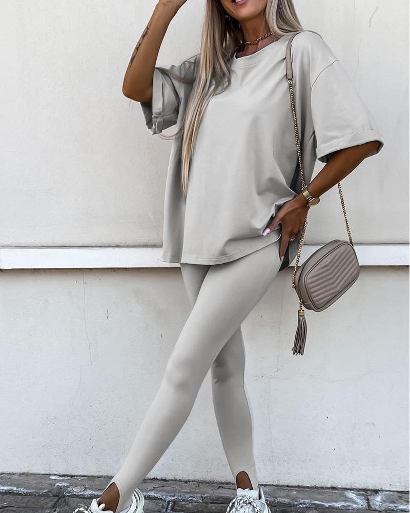 

Short Sleeve Casual Top & Stirrup Leggings Set, Light gray