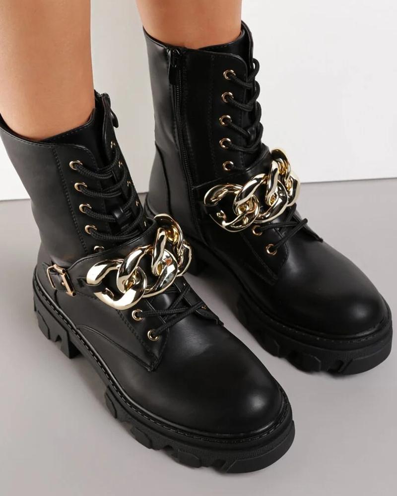 

Womens Tri-Ring Decor Leather Round Toe Lace Up Motorcycle Boots, Black