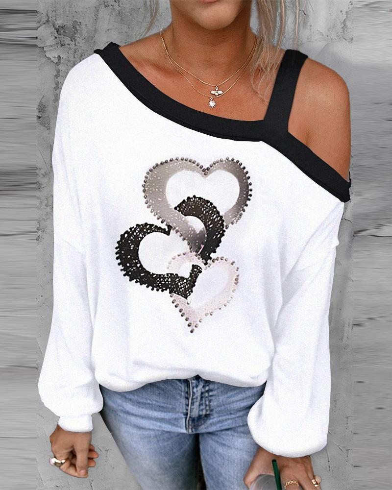 

Valentine' Day Heart Print Cold Shoulder Top, Blackwhite