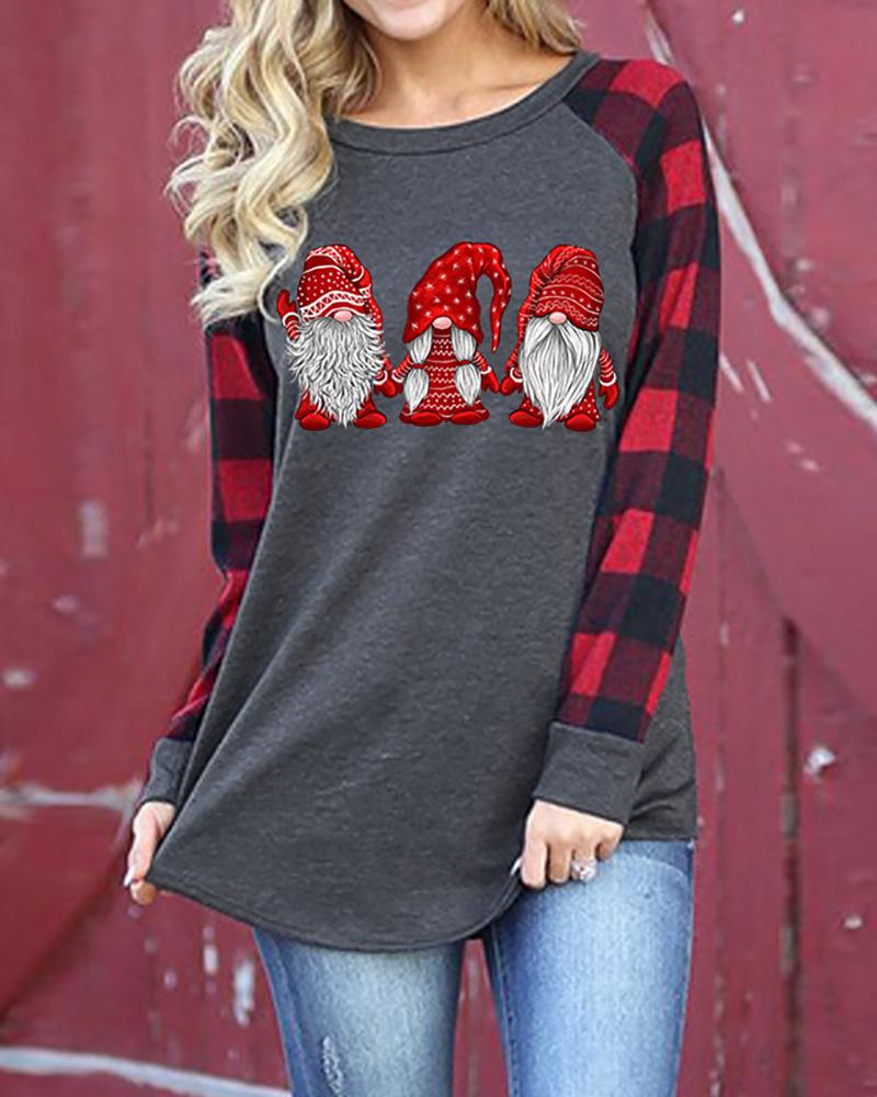 

Christmas Gnome SVG Plaid Print Long Sleeve Top, Gray