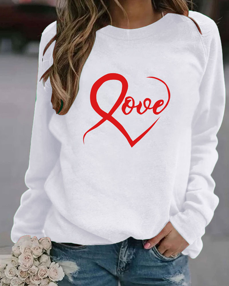 

Letter Heart Print Long Sleeve Sweatshirt, White