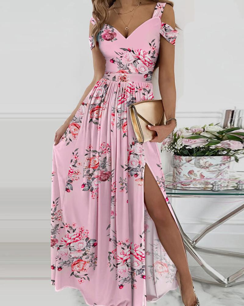 

Floral Print Cold Shoulder High Slit Maxi Dress, Pink
