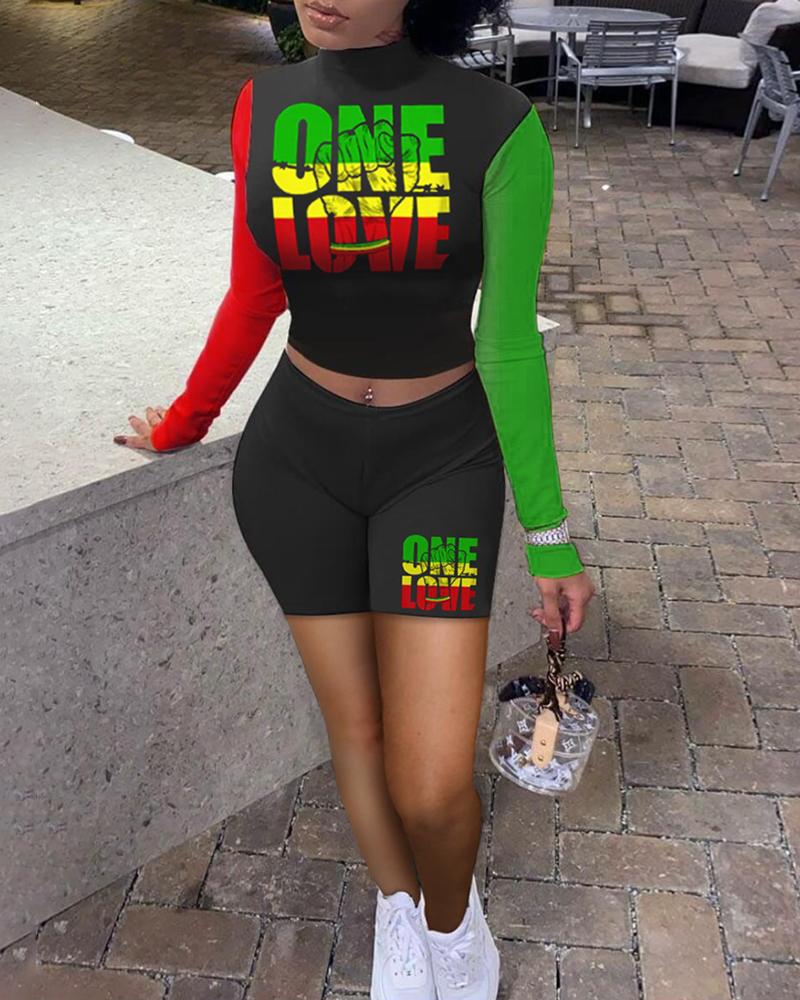 

Letter Print Colorblock Long Sleeve High Waisted Active Set, Black