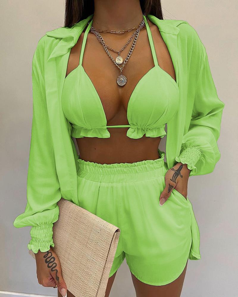 

Lantern Sleeve Shirt & Pocket Design Shorts Sets With Frill Hem Crop Top, Green
