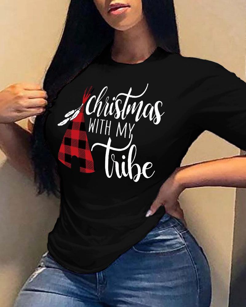 

Plus Size Christmas Letter Plaid Print Casual T-shirt, Black