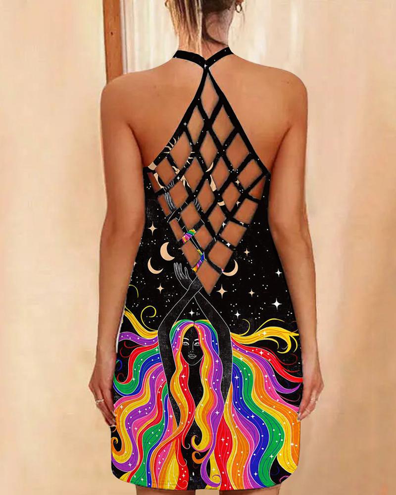 

Floral Print Halter Sleeveless Hollow Out Backless Dress, Black