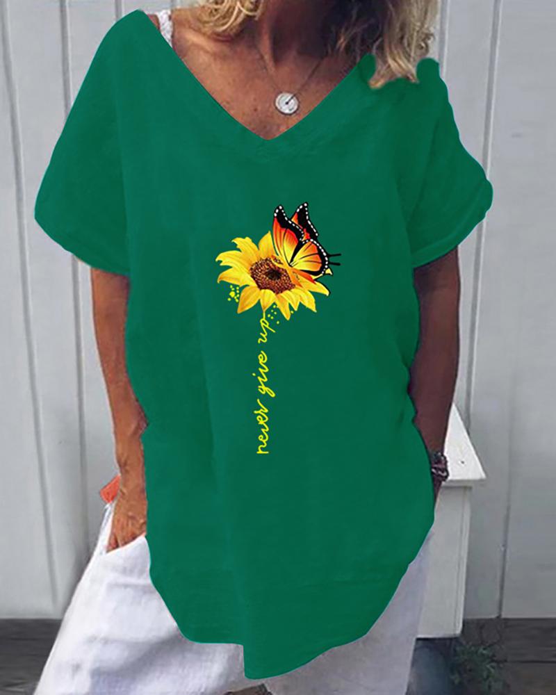 

Sunflower Butterfly Print Letter Pattern Casual T-shirt, Green