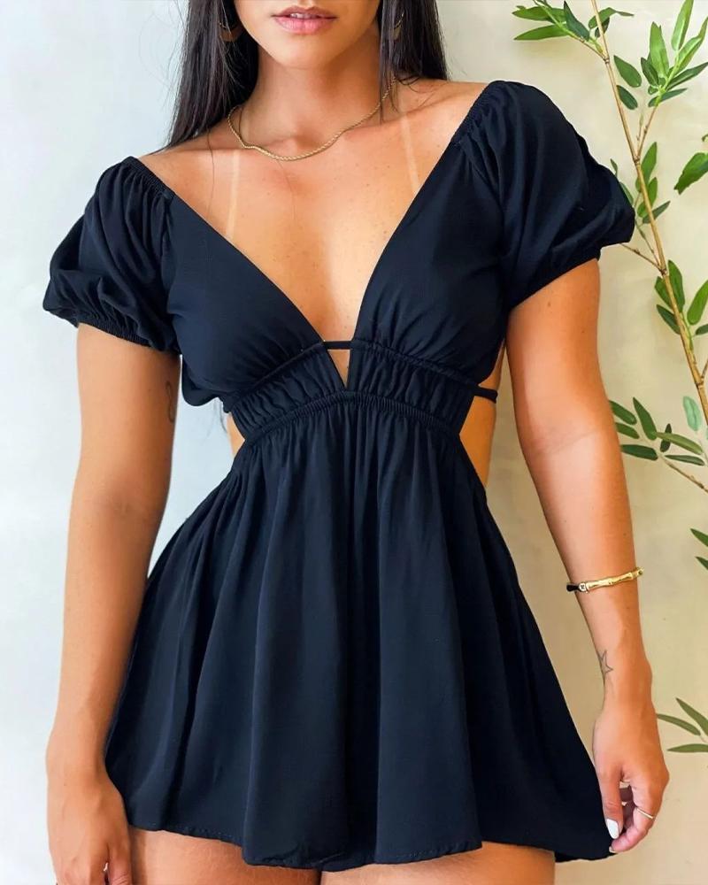 

Puff Sleeve Tied Detail Backless Deep V-Neck Romper, Black
