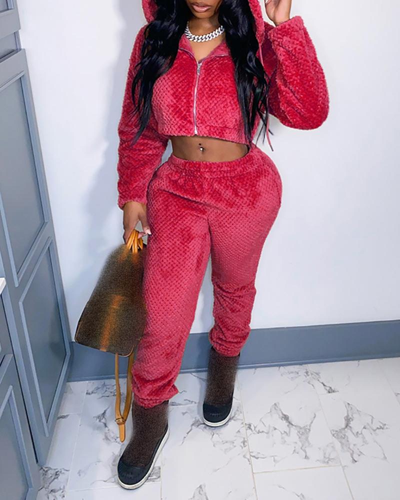 

Zipper Design Hooded Top & High Waist Pants Set, Hot pink